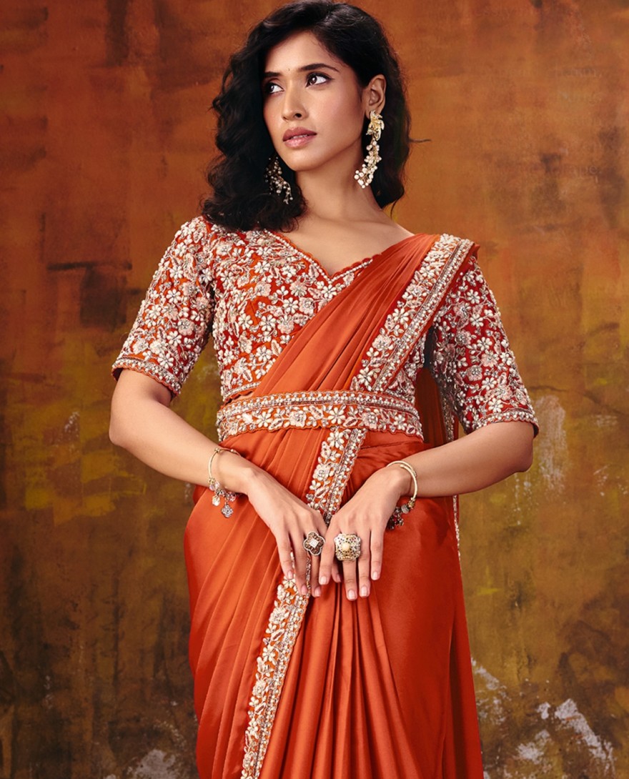 27105 - Orange Embroidered Wedding Party Designer Saree